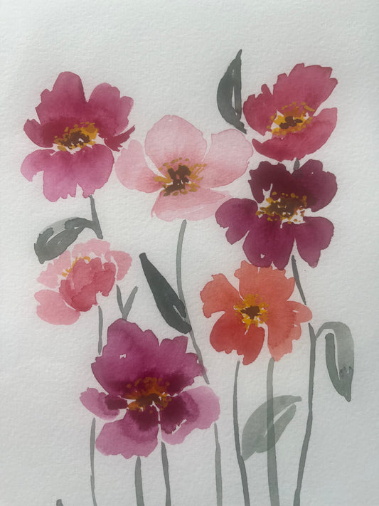 Harmony in Bloom: Mixed Pink Flower Watercolor Painting