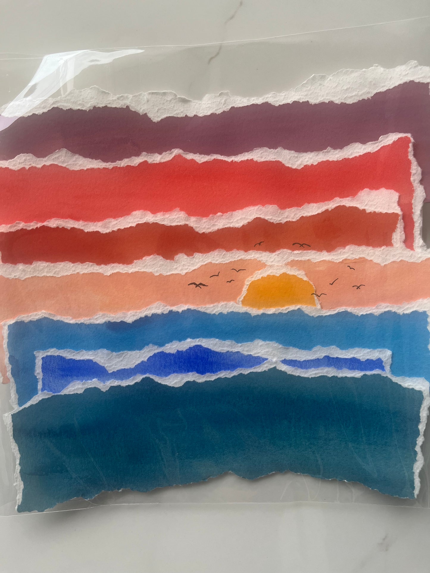Ocean Sunset Couache Torn Paper