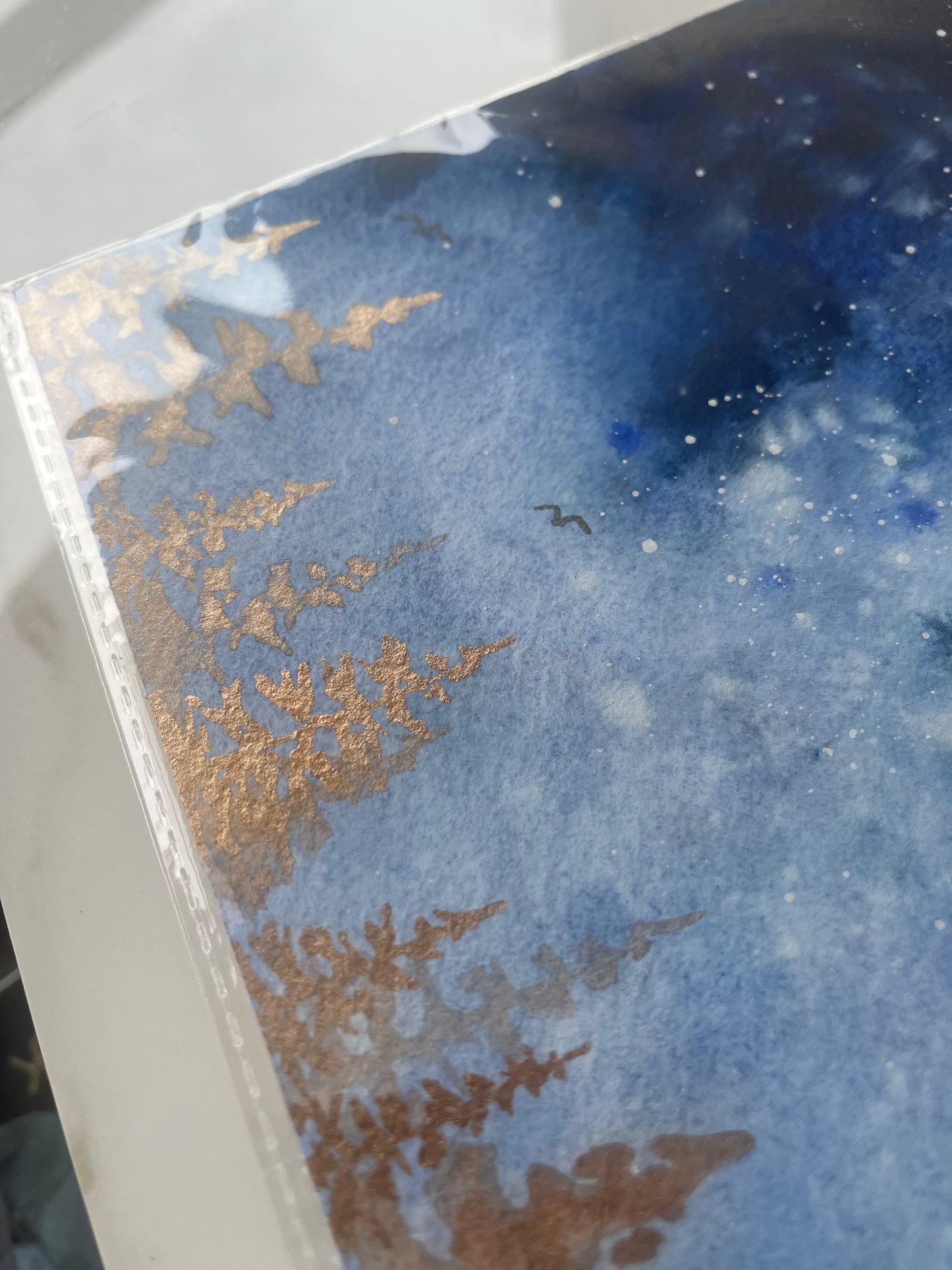 Night Sky Golden Trees: Original Watercolor Painting