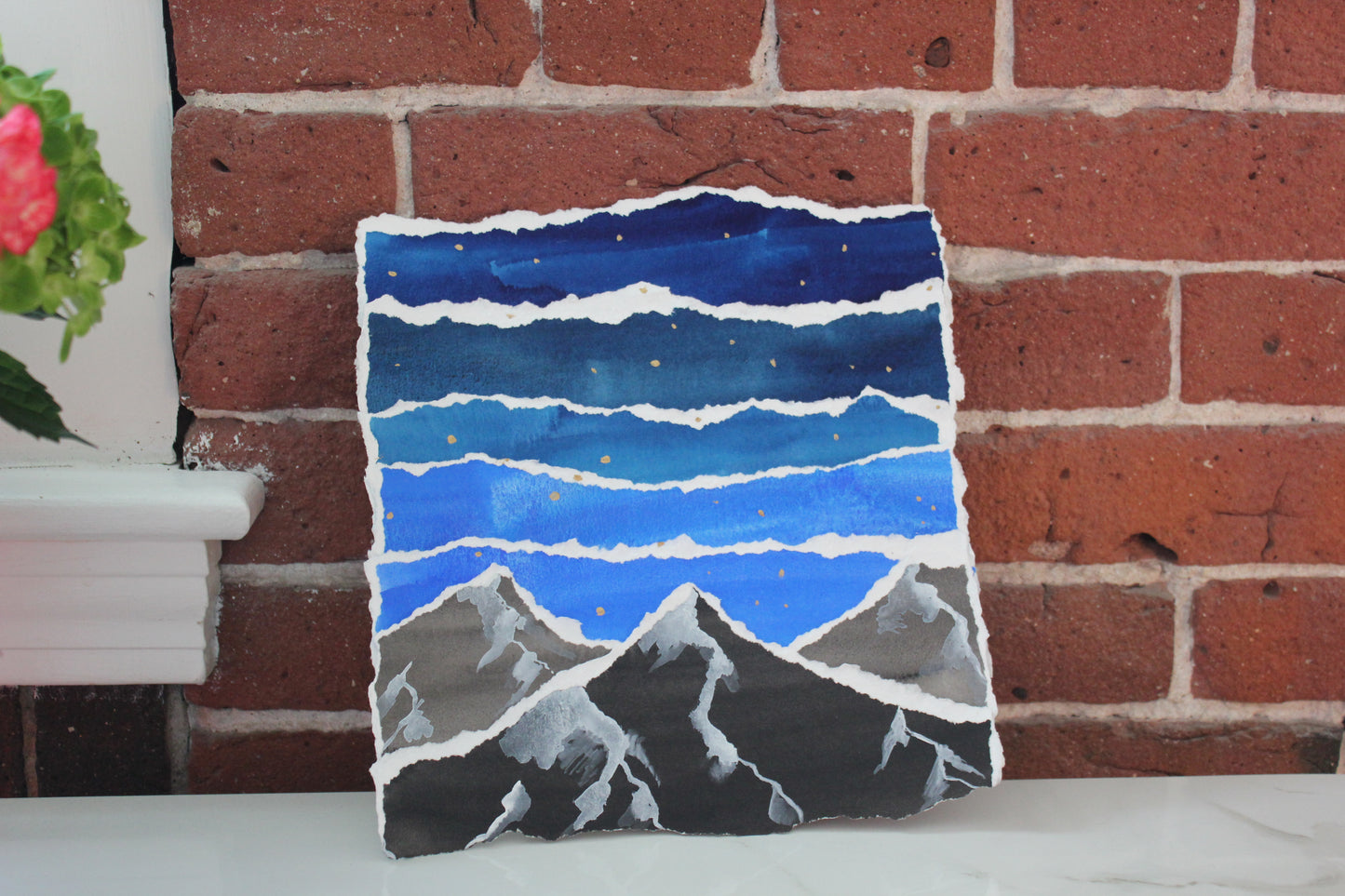 Mountain Night Sky - torn paper collage - original painting collage