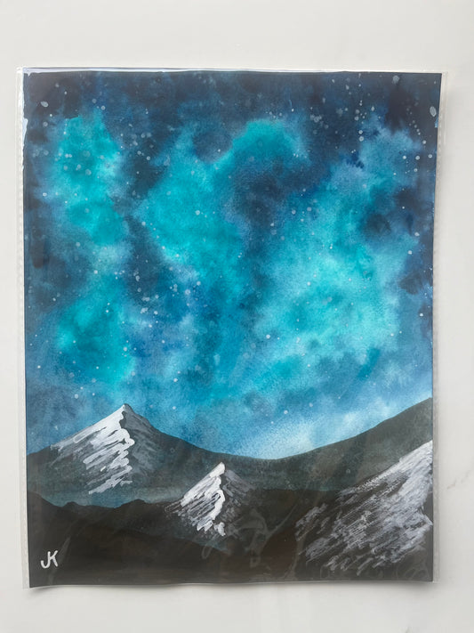 Celestial Majesty: Original Watercolor Painting Night Sky Green Galaxy Over Mountains