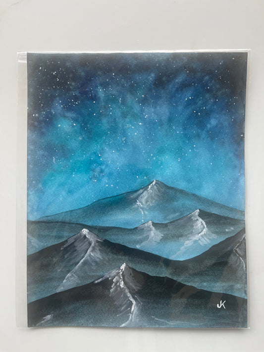 Peaks of Infinity: Original Watercolor Painting Night Sky Blue and Green Galaxy Over Mountains