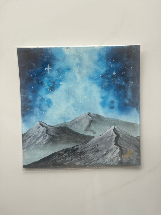 Cosmic Peaks: Original Watercolor Painting Night Sky Blue Galaxy Over Mountains