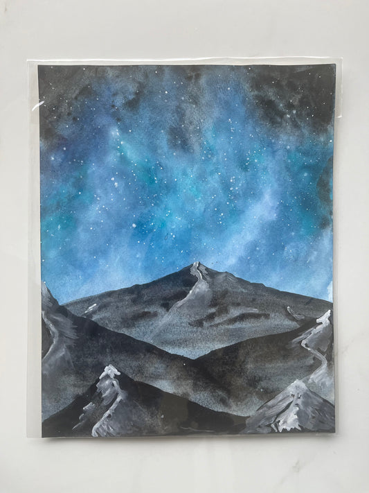Stellar Solitude: Night Sky Mountains Original Watercolor Painting