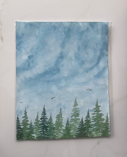 Daytime Serenity: original watercolor painting of day time skies over some trees and birds