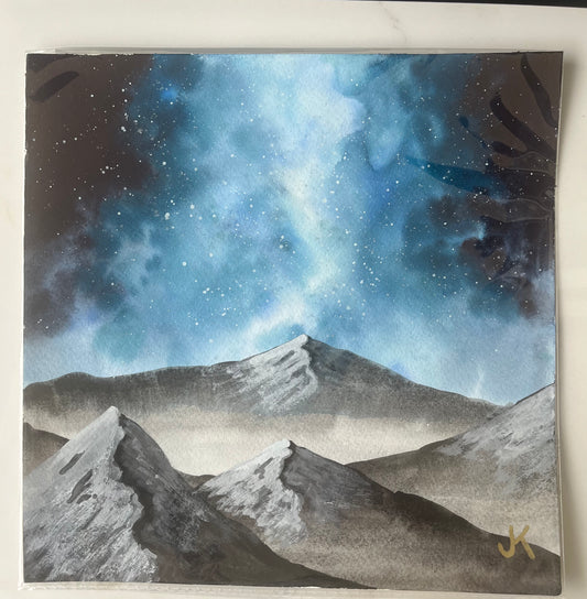 Moonlit Tranquility: Night Sky Mountains Original Watercolor Painting