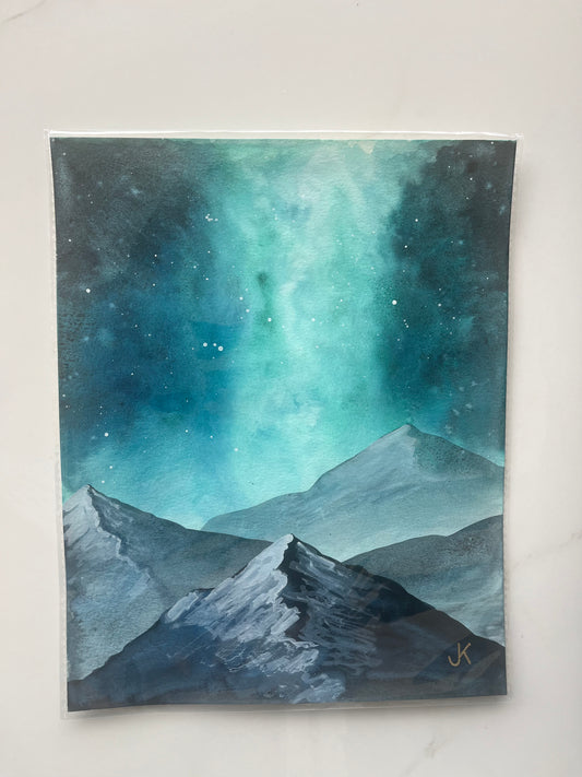Emerald Twilight: Night Sky Green Galaxy with Mountains Original Watercolor Painting
