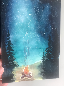 Campfire under night sky - Original Watercolor Painting