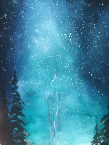 Campfire under night sky - Original Watercolor Painting