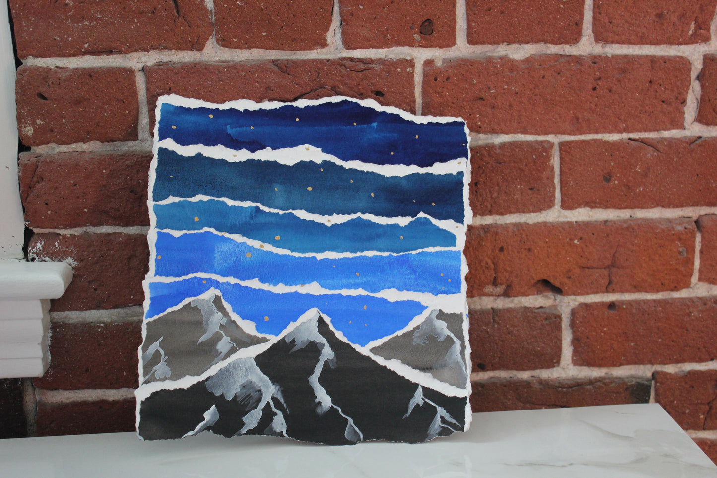 Mountain Night Sky - torn paper collage - original painting collage