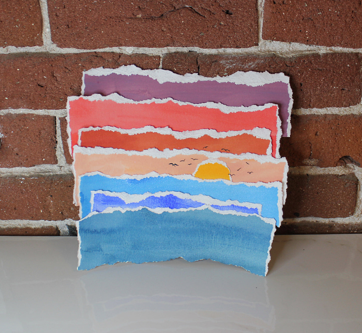 Handmade Ocean Sunset Gouache Torn Paper Collage