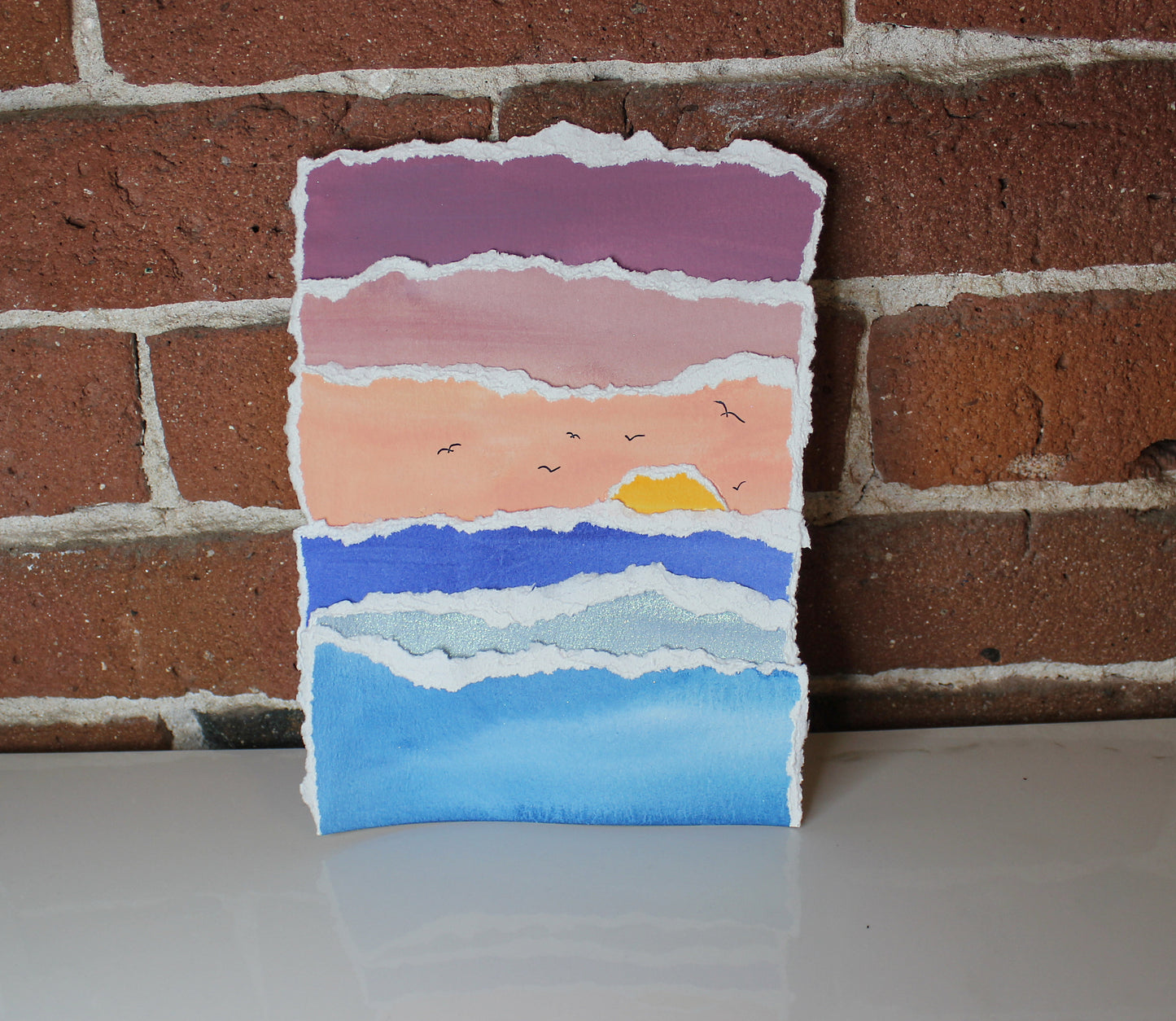 Small Sunrise Ocean torn paper collage original artwork handmade art