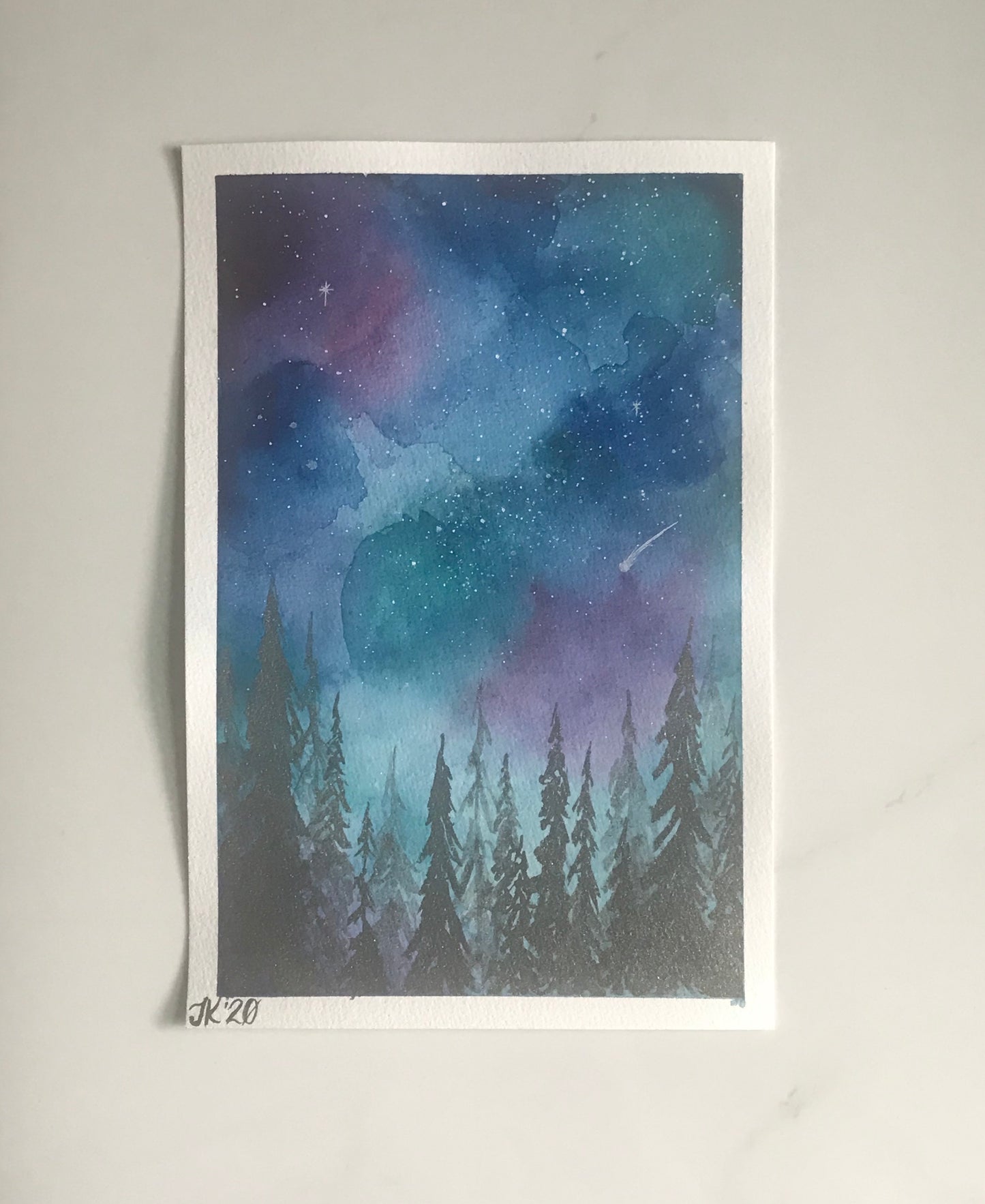 Colorful Night Sky with duochrome trees - Original Watercolor Painting