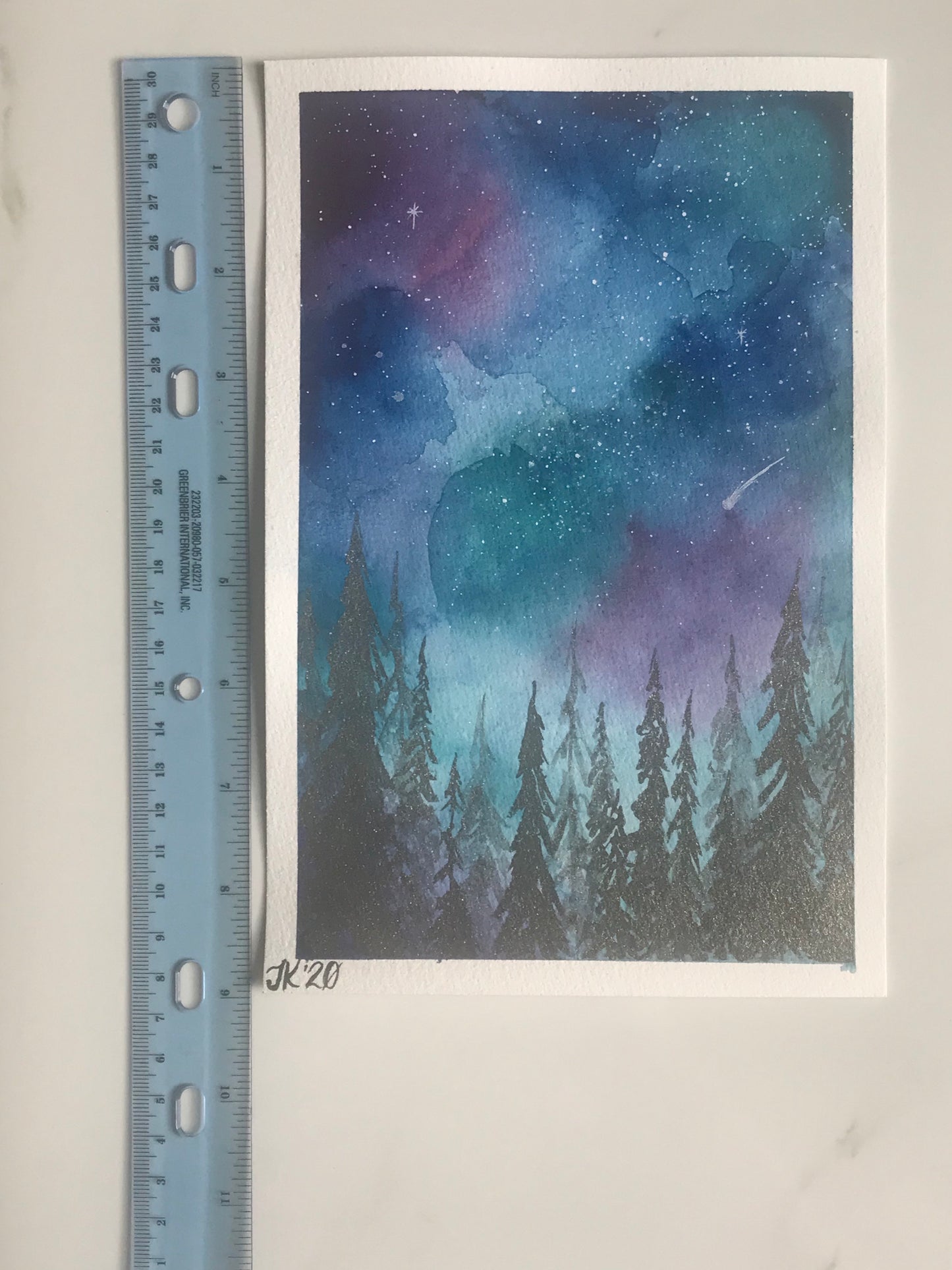 Colorful Night Sky with duochrome trees - Original Watercolor Painting